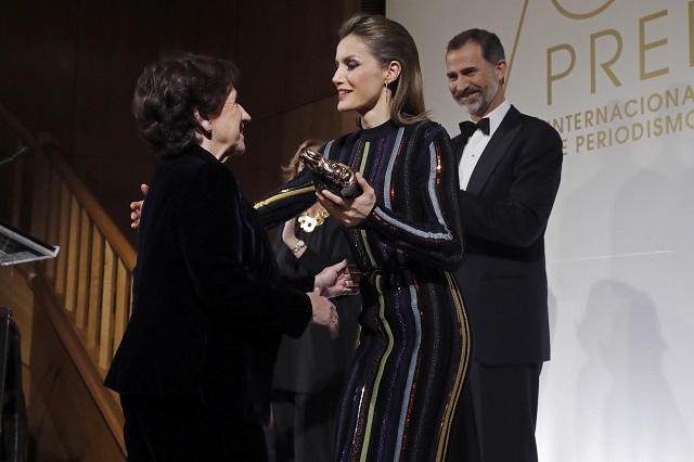 Spanish Kings Felipe VI and Letizia with Victoria Prego during the " ABC Awards : Mariano de Cavia, Luca de Tena and Mingote 2016 " in Madrid on Tuesday 13 December 2016.